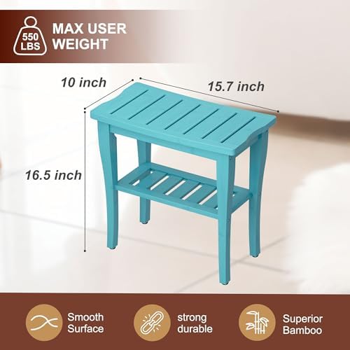 Bamboo Shower Bench Stool with Storage Shelf, Waterproof Shower Chair Spa Bath Seat, Shower Stool for Inside, Bathroom Bench Seat for Adults Elderly Seniors for Indoor or Outdoor Use(Sky Blue) - Image 6