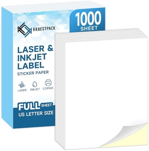 Full Sheets Sticker Paper – 1000 Sheets, 8.5" x 11" Letter Size, for Inkjet & Laser Printers by KKBESTPACK