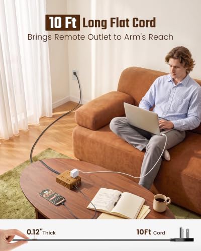 SUPERDANNY Brown Extension Cord 10Ft, Flat Plug Power Strip Surge Protector - Image 3