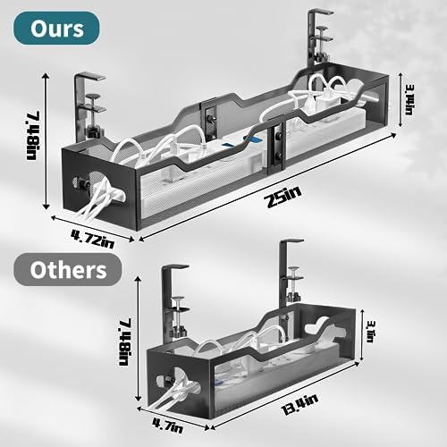 Under Desk Cable Management Tray Black, Litwaro Cable Management Under Desk No Drill, 25'' Cable Tray with Clamp for Wire Management, Cord Organizer for Office, Home - No Damage to Table - Image 2