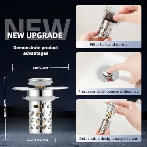 Universal Pop-Up Bathroom Sink Stopper, Stainless Steel Drain Strainer with Removable Filter Basket for 1.1"-2.36" Basin, Push-to-Bounce Core, Bathroom Sink Plug, Hair Catcher, 2 Pack - Image 5