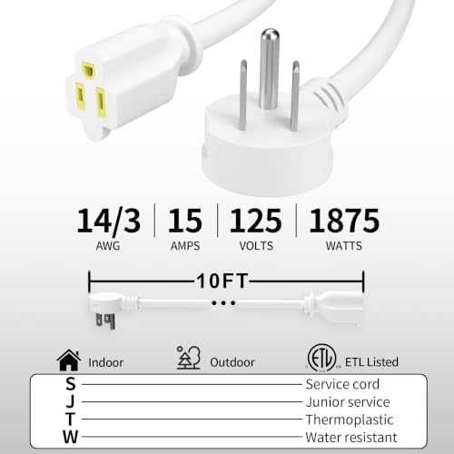 Vockjour 10 FT 2 Pack 14 Gauge Low Profile Flat Plug Extension Cord White - Image 2
