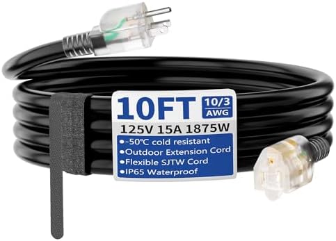 10ft Outdoor/Indoor Extension Cord with Lighted 10/3 Gauge, Black by Unknown