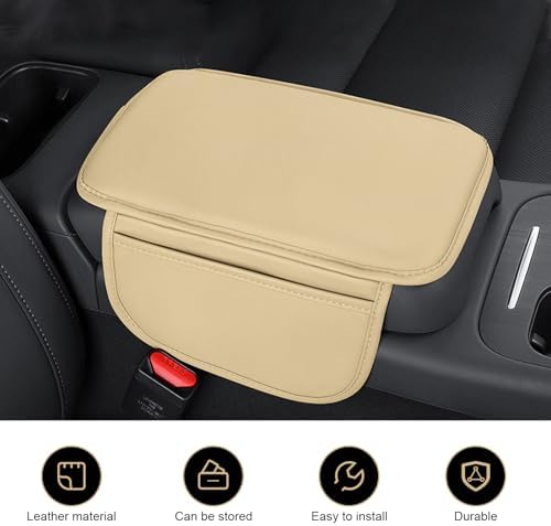 Car Center Console Cover, Leather Armrest Cover Cushion with 2 Storage Bags, Soft Centre Console Protector Covers, Universal Car Interior Accessories, for Most Vehicles, SUV (Beige) - Image 3