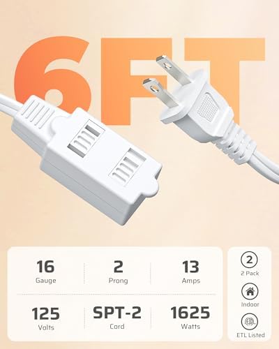 DEWENWILS 6FT Extension Cord, AWG16/2 13A/125V, White, ETL Listed, 2 Pack - Image 7
