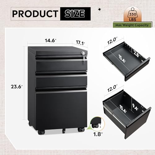 DEVAISE 3 Drawer File Cabinet with Lock, Fully Assembled Except Casters - Image 3