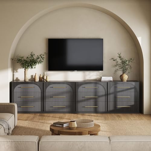 BELLEZE Set of 4 Fluted Modular Sideboard Cabinet, Classic Modern Buffet Cabinet with 3 Drawers, 130'' Accent Credenza Cabinet for Living Room Kitchen Entryway (Ebony) by BELLEZE