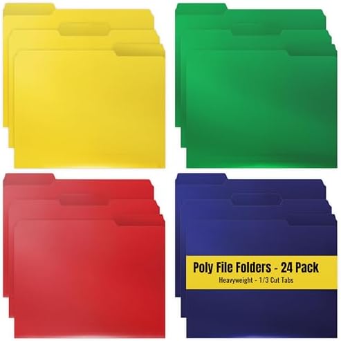 Better Office Products Heavyweight Poly File Folders, 1/3 Cut, Top Tab, 24 Per Box, Letter Size, Assorted Colors-Red, Blue, Yellow Green, 24 per Box by BetterOfficeProducts