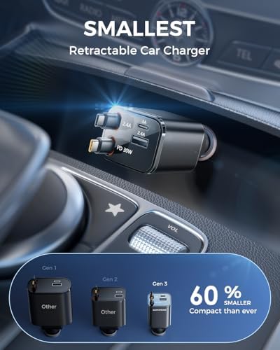 SUPERONE Compact Retractable Car Charger with Dual Type C Cables, Black/69W - Image 2