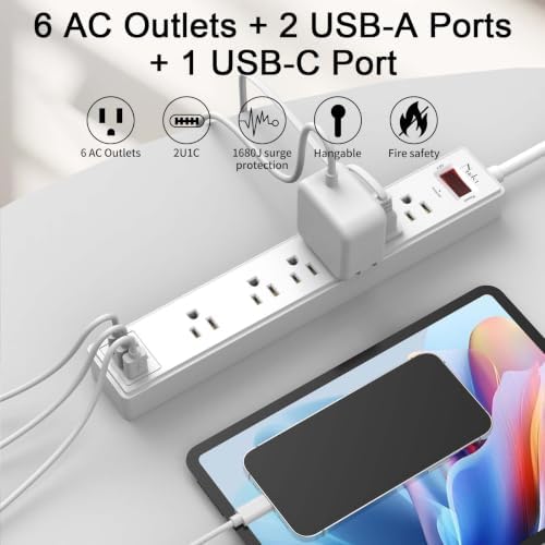 10Ft Power Strip Surge Protector - Nuetsa Extension Cord with 6 AC Outlets and 3 USB Ports for Home, Office, Dorm Essentials, 1680 Joules, ETL Listed, White - Image 2