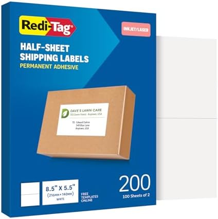 Redi-Tag 5.5" x 8.5" Shipping Labels, 200 per Pack, White, Laser & Inkjet Half Sheet Printer Labels, Self-Adhesive, Permanent Stick, Smudge-Resistant, Perfect for Shipping, Mailing, and Warehouse Use by Redi-Tag