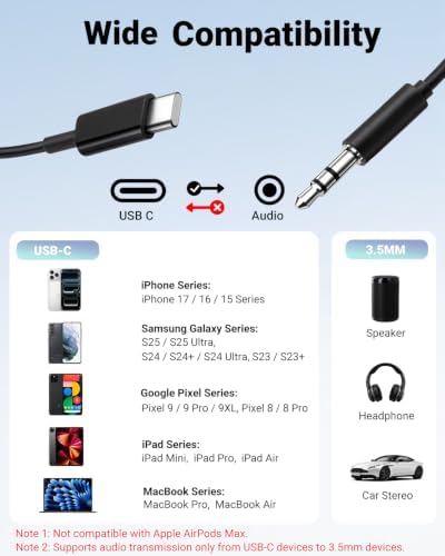 Seulliya USB C to 3.5mm Audio Aux Jack Cable, Aux Cord for iPhone, Type C to 3.5mm Headphone Car Stereo Cord Compatible with iPhone 17/16 Plus /15 Pro Max, Samsung Galaxy S23 S22 Note 20 2Pack - Image 7