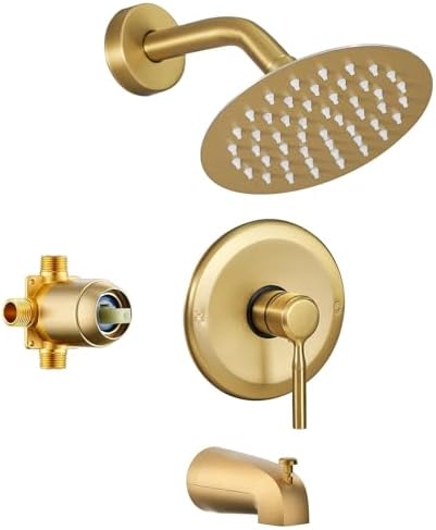 Tub Shower Faucet Set (Valve Included) with 6-Inch Rain Shower Head and Tub Spout Single-Handle Tub and Shower Trim Kit Brushed Gold by APROMOOM