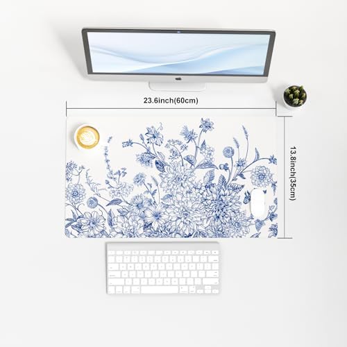Faux Leather Large Mouse Pad, Office Desk Mat, 23.6"x13.8", Blue Flowers - Image 3