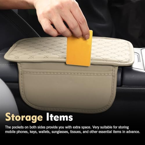 Car Center Console Cover, Leather Waterproof Armrest Cover Protector with 2 Side Storage Bags, 7.87" x 11.8" Comfort Anti-Slip Armrest Seat Box Pad, Universal for Most Cars (Beige) - Image 7