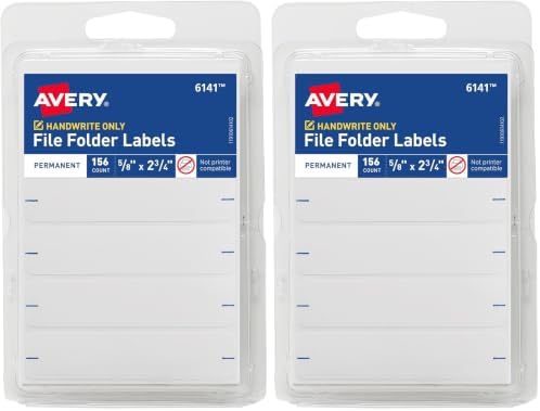 Avery File Folder Labels, 5/8" x 2-3/4", White, Non-Printable, 156 Blank Labels Total (6141) (Pack of 2) by Avery