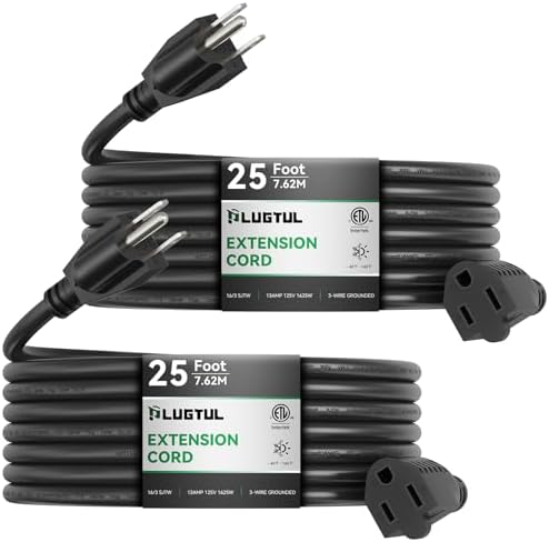 PLUGTUL 2-Pack Extension Cord 25 FT | 16/3 Outdoor Extension Cord Waterproof, Heavy Duty 3 Prong Extension Cord Black, 13A 1625W SJTW, ETL Listed, Great for Garden and Home by PLUGTUL