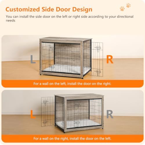 DWANTON Dog Crate Furniture with Cushion, Wooden Kennel Table with Double Doors, Indoor Dog House, Large Size, 38.5" L, Greige - Image 3