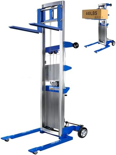 122" Material Lift Winch Stacker, 400 lbs Capacity, Adjustable Straddle Material Lifter for Warehouse & Factory, Lightweight Aluminum & Manganese Steel Construction, 42.1" x 29.1" x 66.9" by kaiwrxin