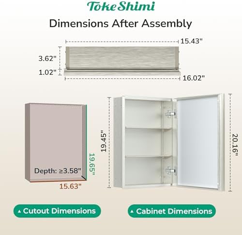 TokeShimi 16 x 20 Medicine Cabinet with Mirror, Assembly Required, Brushed Nickel Bathroom Recessed Medicine Cabinet with Mirror, Stepless Adjustable Shelves, Beveled Aluminum Frame, DTC Hinge - Image 2