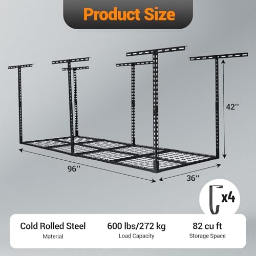 GarveeHome Garage Ceiling Storage Racks - Heavy Duty, 96'' * 36'', Adjustable Cold Rolled Steel Racks, 600 lb. Loading Weight Capacity - Image 5