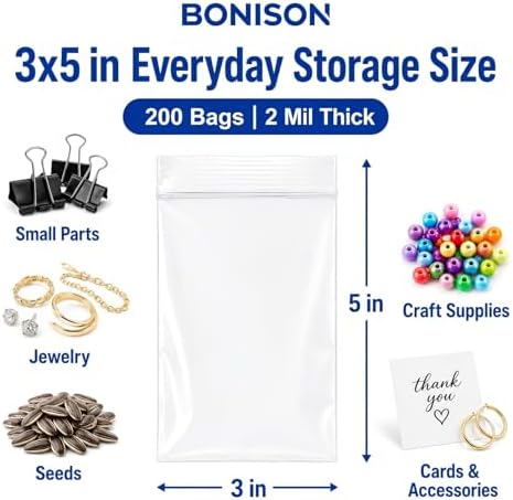 Small Plastic Bags, 200 Pack 3x5 inch 2 Mil Thick Mini Zip Jewelry Bag for Jewelry Cards, Stickers, Cookies, Crafts, Samples, Seeds, Small Business Packaging & Home Organization - Image 2
