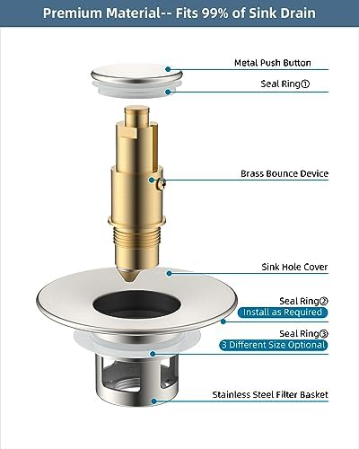 Hibbent 2 Pack All Metal Universal Bathroom Sink Stopper for 1.1''~2.3'' Basin, Pop Up Sink Drain Strainer, Brass Core Push Type Stopper, Stainless Steel Anti Clogging Drain Filter, Brushed Nickel - Image 5
