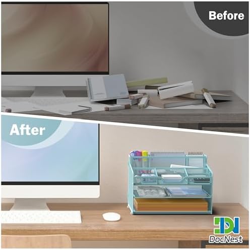 Docnest 3 Tier Mesh Desk Organizer with Letter Tray & Paper Sorter, Blue - Image 2