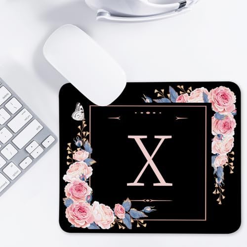 Letter X Black and Pink Flowers Square Mouse Pad, Mouse Pad with Stitched Edge and Non-Slip Rubber Base,Mouse Mat,Home Office Decor Desk Accessories,9.4x7.8x0.12 inch Square Mouse Pad - Image 7