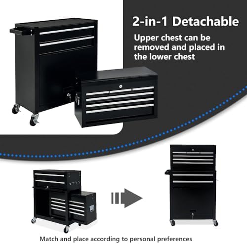 Dawmilon 8-Drawer Rolling Tool Chest with Multiple Drawers, Heavy Duty Metal Tool Cabinet for Garage and Workshop Storage, Lockable Top Chest, Black - Image 4
