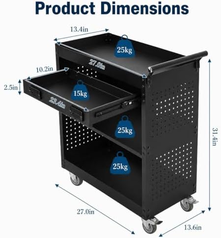 Garvee 27 Inch Rolling Tool Cart on Wheels, 3 Tier Steel Utility Tool Cabinet with Drawer and Casters, Heavy Duty Tool Chest for Garage, Warehouse and Workshop - Image 2
