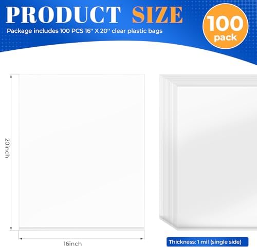 WFPLUS 100 Pack 16 x 20 inch 1 Mil Clear Plastic Flat Poly Bags - Image 2