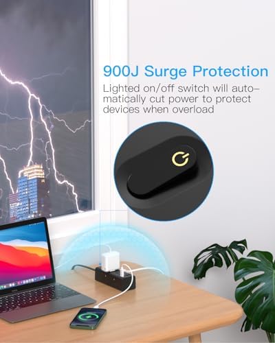 Short Extension Cord with Multiple Outlets, Flat Plug Power Strip, Black - Image 4