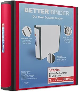 Staples Heavy-Duty 3-Inch D-Ring Binder, Red, Vinyl Cover, 600 Sheets by Staples