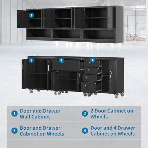 Black Garage Storage Cabinets System 6 PCS Workshop Set with Drawers Locking Heavy Duty Rolling Cart with Adjustable Shelves Garage Tool Workbench Cabinets,6pcs-2 - Image 6