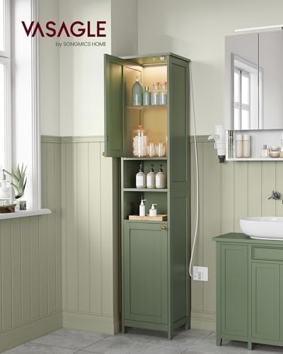 VASAGLE Tall Storage Cabinet with Lights, Slim, 15.7" W, Forest Green - Image 2