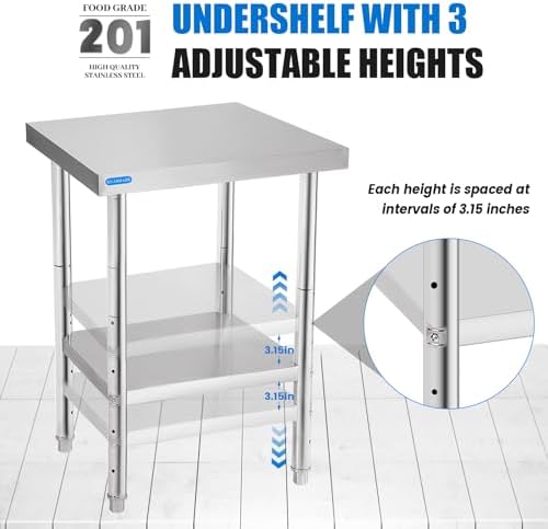 KUARBARR Stainless Steel Table for Prep & Work with Undershelf 24 x 24 Inches NSF Metal Commercial Kitchen Prep Table with Adjustable Under Shelf Worktable for Restaurant Home Outdoor - Image 5