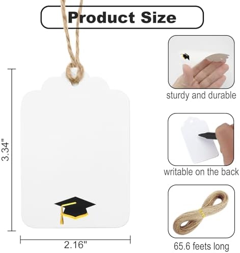 100Pcs Blank Gift Tags with String Foil Black Gold Grad Cap Large Paper Gift Tags with 65 Ft Jute Twine for Congratulations Graduation Congrats Grad Class of 2025 Party - Image 3