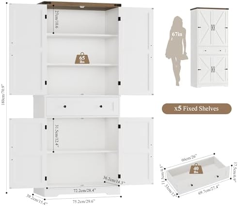 HOSTACK 71" Kitchen Pantry Storage Cabinet, Farmhouse Pantry Cabinet, White - Image 3