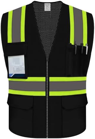 Black Safety Vest for Men Women, Hi Vis Vest with Pockets, High Visibility Work Vest with Reflective Strips for Contractors/Surveyors/Drivers, Mesh Design, ANSI Compliant, (UB-Black, L) by UnoMejor