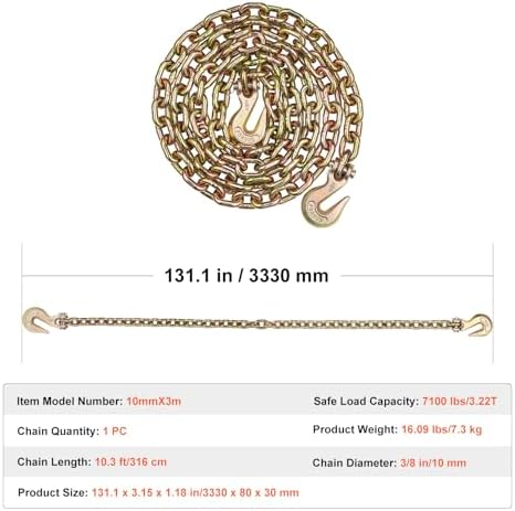 VEVOR G80 Transport Binder Chain, 3/8" x 10.3' Tow Chain with Clevis Grab Hooks, 7100 lbs Safe Working Load, Heavy Duty Trailer Logging Chain for Transporting Towing Truck Tie Down Binding Equipment - Image 7