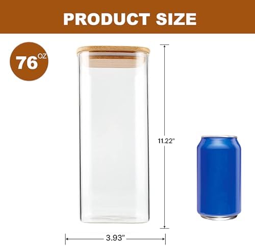 Glass Food Storage Jars 76 oz Set of 3,Glass Storage Containers Clear Glass Food Canister with Bamboo Lid Airtight For Serving Tea, Coffee, Flour, Sugar, Candy, Cookie, Spice and More (Square) - Image 4