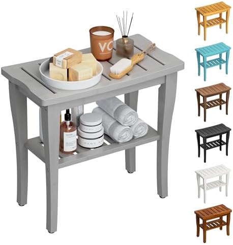 Bamboo Shower Bench Stool with Storage Shelf, Waterproof Shower Chair Spa Bath Seat, Shower Stool for Inside, Bathroom Bench Seat for Adults Elderly Seniors for Indoor or Outdoor Use(Gray) by oridom