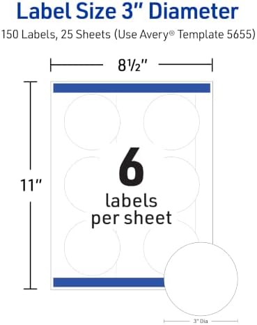 Avery® Printable Round Labels, Sure Feed® Technology, 3" Diameter, Matte White, Permanent Adhesive, Laser/Inkjet Printable, 150 Blank Labels, Great for Product Merchandising, Favors, and More (5655) - Image 5