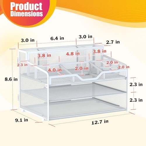 Docnest 3 Tier Mesh Desk Organizer with Letter Tray & Paper Sorter, White - Image 2