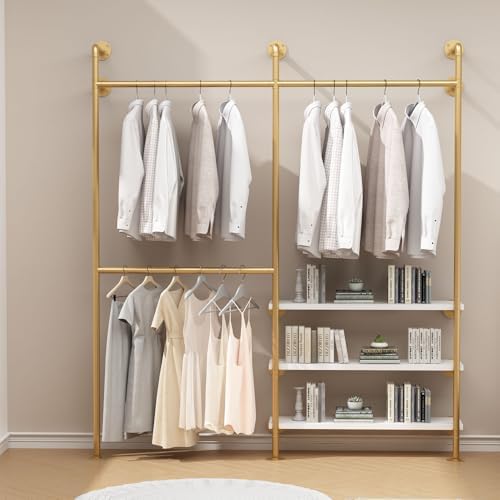 HOMEKAYT Industrial Pipe Clothes Rack with Shelves, Gold Clothing Rack Wall Mounted Heavy Duty Multi-Purpose Storage Clothes Hanging Shelf - 70.8''L Gold by HOMEKAYT