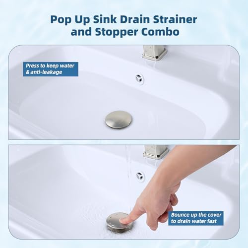 Hibbent Upgraded 3 in 1 Bathroom Sink Drain Strainer, Pop Up Sink Stopper with Big Push Cap, Anti-Clogging Metal Filter Basket,Sink Plug with Hair Catcher for 1.1''~2.36'' Basin, Brushed Nickel - Image 5