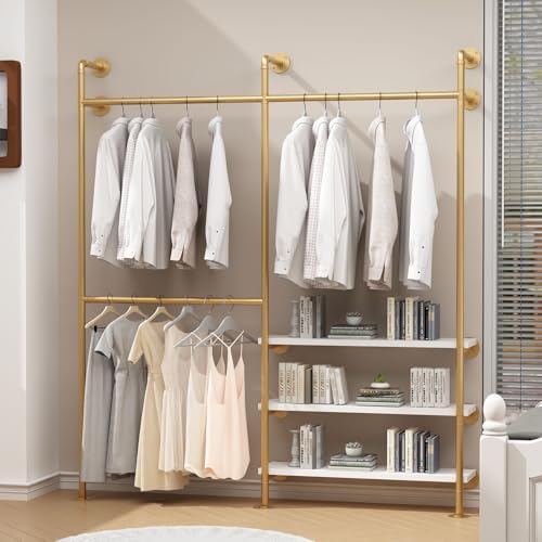 HOMEKAYT Industrial Pipe Clothes Rack with Shelves, Gold Clothing Rack Wall Mounted Heavy Duty Multi-Purpose Storage Clothes Hanging Shelf - 70.8''L Gold - Image 7