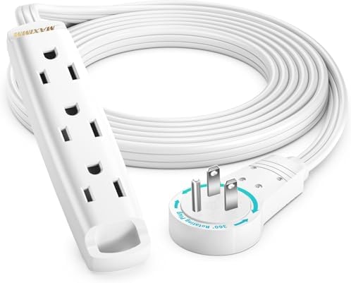 Maximm 10 Ft 360 Rotating Flat Plug Extension Cord, 3-Outlet, White, UL by MaximmCable