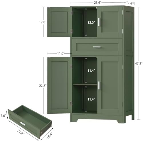 TEENFON Bathroom Floor Storage Cabinet with Adjustable Shelf, Freestanding Storage Cabinet with 4 Doors, Cupboard for Living Room, Home Office, Entryway, Forest Green - Image 3
